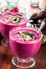 Cold beet soup with egg, cucumber and greens