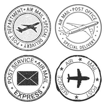 Postmarks with airplane and envelope symbols. Black ink postal stamps