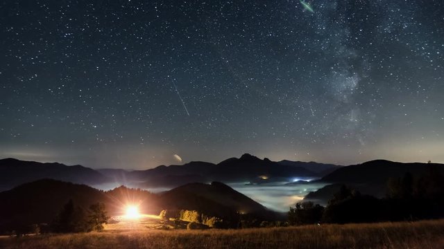 Milky way in starry night landscape Time lapse