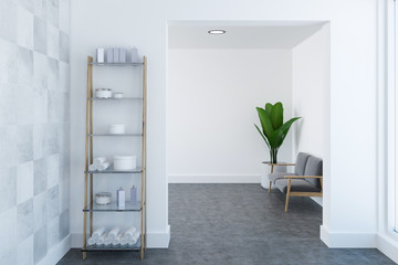 White empty bathroom interior, sofa