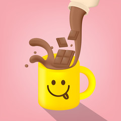 Vector illustration. Chocolate milk splash into the yellow mug
