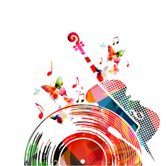 Colorful music background poster with vinyl record, violoncello and music notes. Music festival poster vector illustration