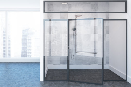 Glass wall shower stall, loft bathroom interior