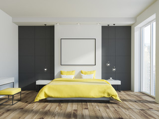 Yellow bed bedroom interior, horizontal poster