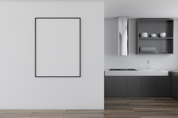 Scandinavian style kitchen, black counters, poster