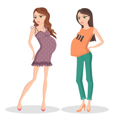 Pair of Pregnant Girls, Color Vector Illustration