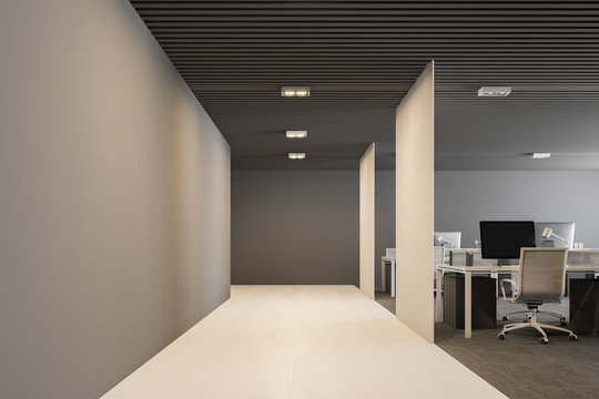 White, gray modern open plan office front view