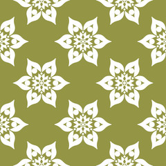 White floral seamless pattern on olive green background