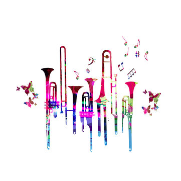 Colorful music background poster with trumpet and music notes. Music festival poster with creative trumpet design vector illustration