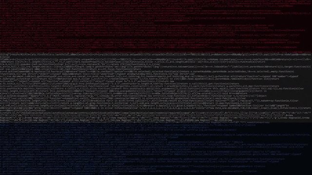 Source code and flag of Netherlands. Dutch digital technology or programming related loopable animation