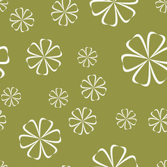 Fototapeta premium White floral seamless pattern on olive green background