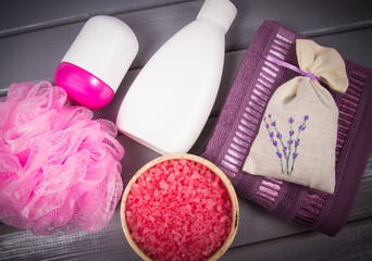 SPA accessories for hygenic and bath in a composition on a gray background.