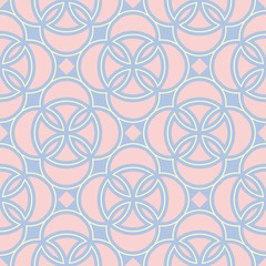 Seamless background with geometric pattern. Pink and beige elements on blue backdrop