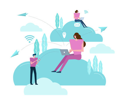 Cloud Networking . Business people working on a cloud.  Flat design element. vector illustration