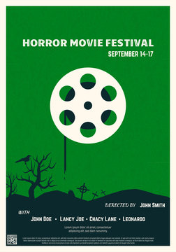 Retro style horror movie poster. Green background and black trees and graveyard. Film festival poster. Big movie theater reel and text placeholder. Template for movie banner or poster in retro colors.