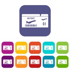 Airline boarding pass icons set vector illustration in flat style in colors red, blue, green, and other