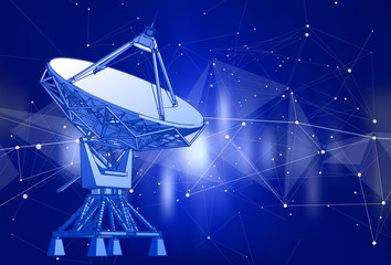 Satellite Dishes Antenna - doppler radar, digital wave and blue technology background - abstract illustration of science, astronomy, information technology, network solutions and digital technologies