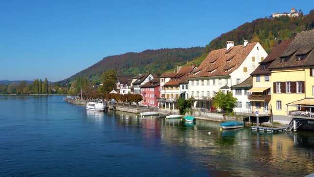 Rhine river riverbank with old houses, Stein am Rhein, Schaffhausen, Switzerland
