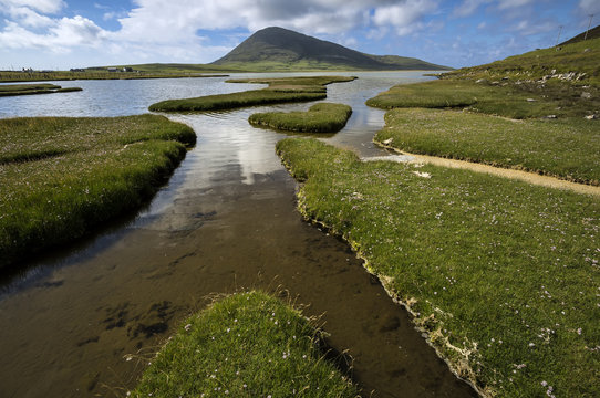 Ceapabhal hill and tidal inlets or saltings at An Taobh Tuath or Northton on the Isle of Harris, Scotland.
