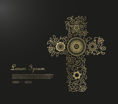 Funeral illustration template with flower cross and place for your text.