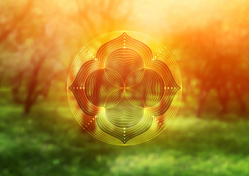 Template of banner for web and social media horizontal format; Spiritual sacred geometry; Yantra, chakra or lotus on psychedelic blurred background; Yoga, meditation and relax.