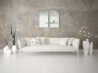 Mock up a stylish living room with a light trendy sofa and hipster background.