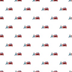 Obraz premium Mechanic changing wheel on red car pattern seamless repeat in cartoon style vector illustration