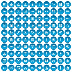 100 journey icons set in blue circle isolated on white vectr illustration