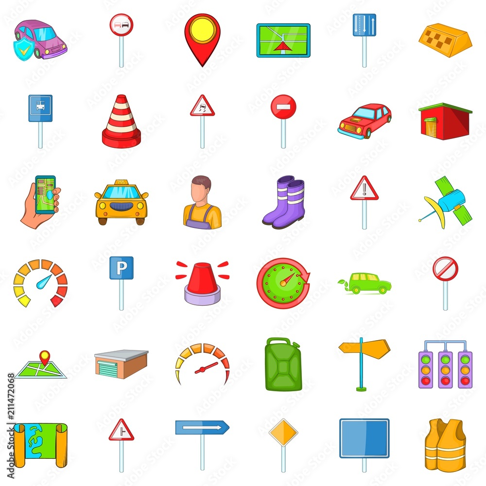 Poster auto icons set. cartoon style of 36 auto vector icons for web isolated on white background