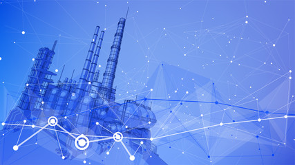 modern chemical manufacturing plant on a blue technological background with a stylized digital wave - the concept of modern technology, the new industrial revolution & information technology / vector