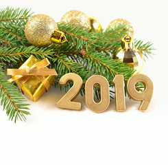 2019 year golden figures and Christmas decorations