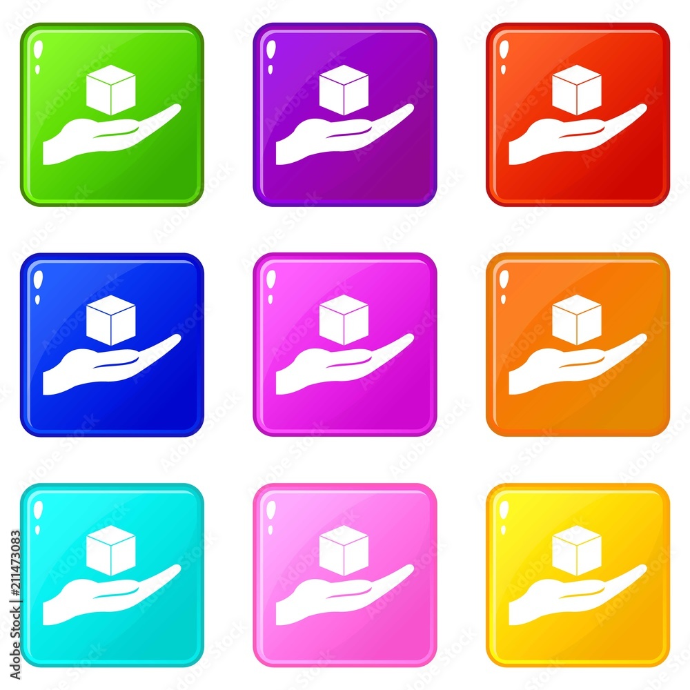 Poster cube 3d model icons of 9 color set isolated vector illustration