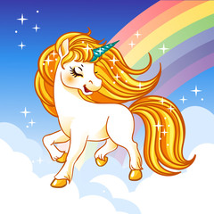 Fantasy unicorn with golden mane and rainbow.