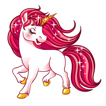 Little fantasy white unicorn with pink hair.