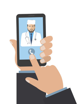 Concept of call doctor's . Online consultation with a medical specialist. Hand holding smart phone, there is doctor's photo on the display of the smartphone in the picture. Vector illustration
