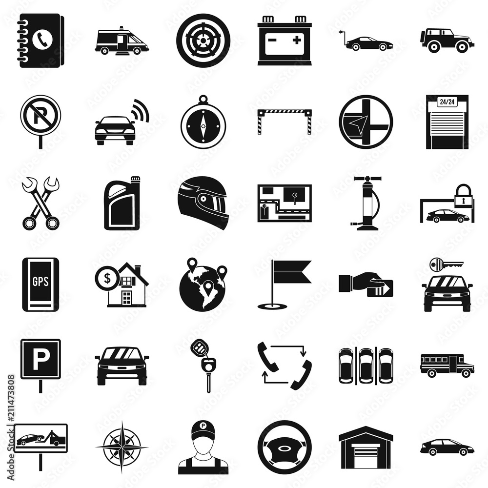 Poster garage for car icons set. simple style of 36 garage for car vector icons for web isolated on white b