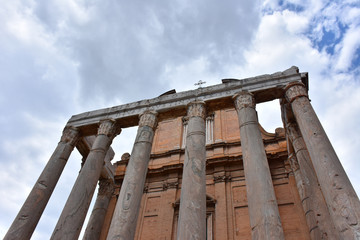 Rome,  view and details of the archaeological area of the Roman Forums. Temple of Antoninus and...