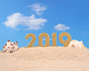 Fototapeta na wymiar 2019 year golden figures on a beach sand