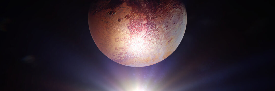 dwarf planet Pluto lit by the distant Sun