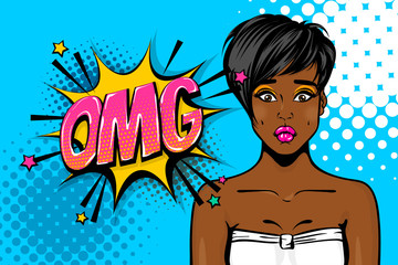 OMG, oops, sad face. Black african-american young girl pop art. Woman pop art. Comic text advertise speech bubble. Retro halftone background.