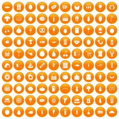 100 grocery shopping icons set in orange circle isolated on white vector illustration