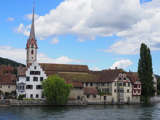 Fototapeta na wymiar View of St. George's Abbey at Rhine River at european STEIN am RHEIN town in SWITZERLAND