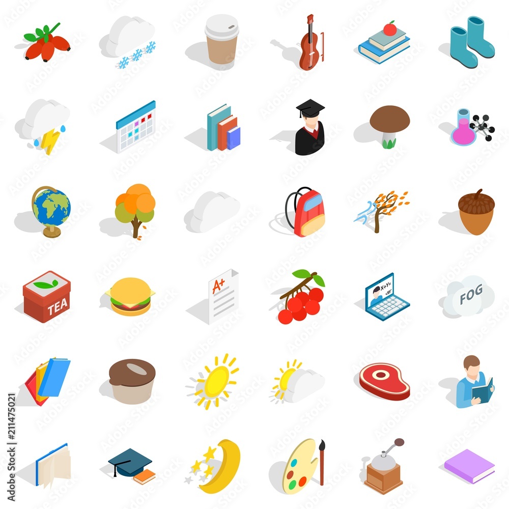 Poster cold autumn icons set. isometric style of 36 cold autumn vector icons for web isolated on white back
