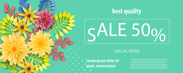 Horizontal paper cut flower sale banner. Colored chamomile bud origami isolated vector background. Floral discount design. Craft 3d plant eco card template.