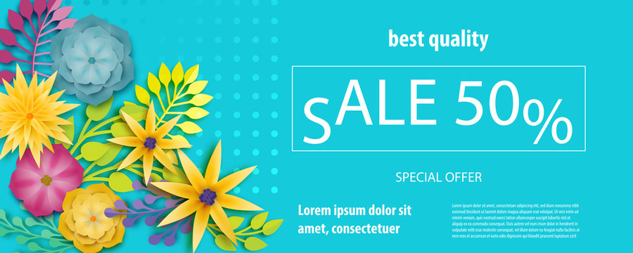 Horizontal Paper Cut Flower Sale Banner. Colored Chamomile Bud Origami Isolated Vector Background. Floral Discount Design. Craft 3d Plant Eco Card Template.