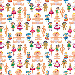 Fototapeta premium Different dolls toy character game dress seamless pattern background farm scarecrow rag-doll vector illustration
