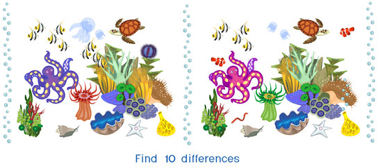 Find ten differences. Game for children with ecosystem of coral reef with different marine inhabitants