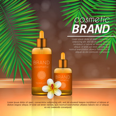 Summer sunblock cosmetic design template on abstract orange background with exotic palm leaves. Realistic sun protection and sunscreen product ads.