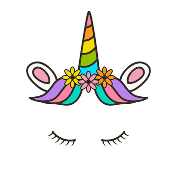 Cute Unicorn face. Design for t-shirt print and selfie photo mask. Vector illustration.