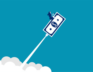 Businesswoman riding banknote as rocket. Money and Currency, Achievement, Competition.